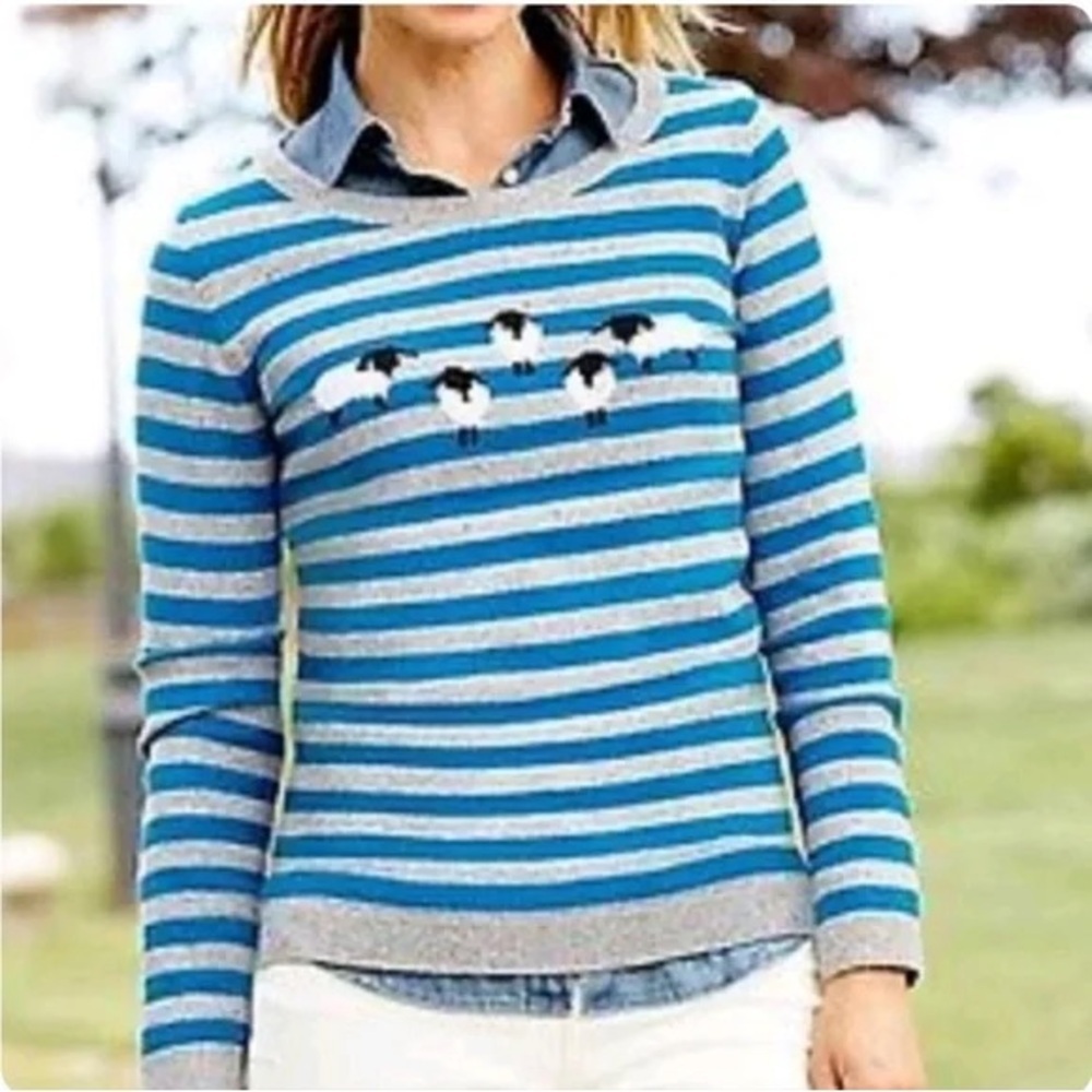 Talbots Stripe Sheep Intarsia Crewneck Sweater XL Petite Wool Nylon Long Sleeve